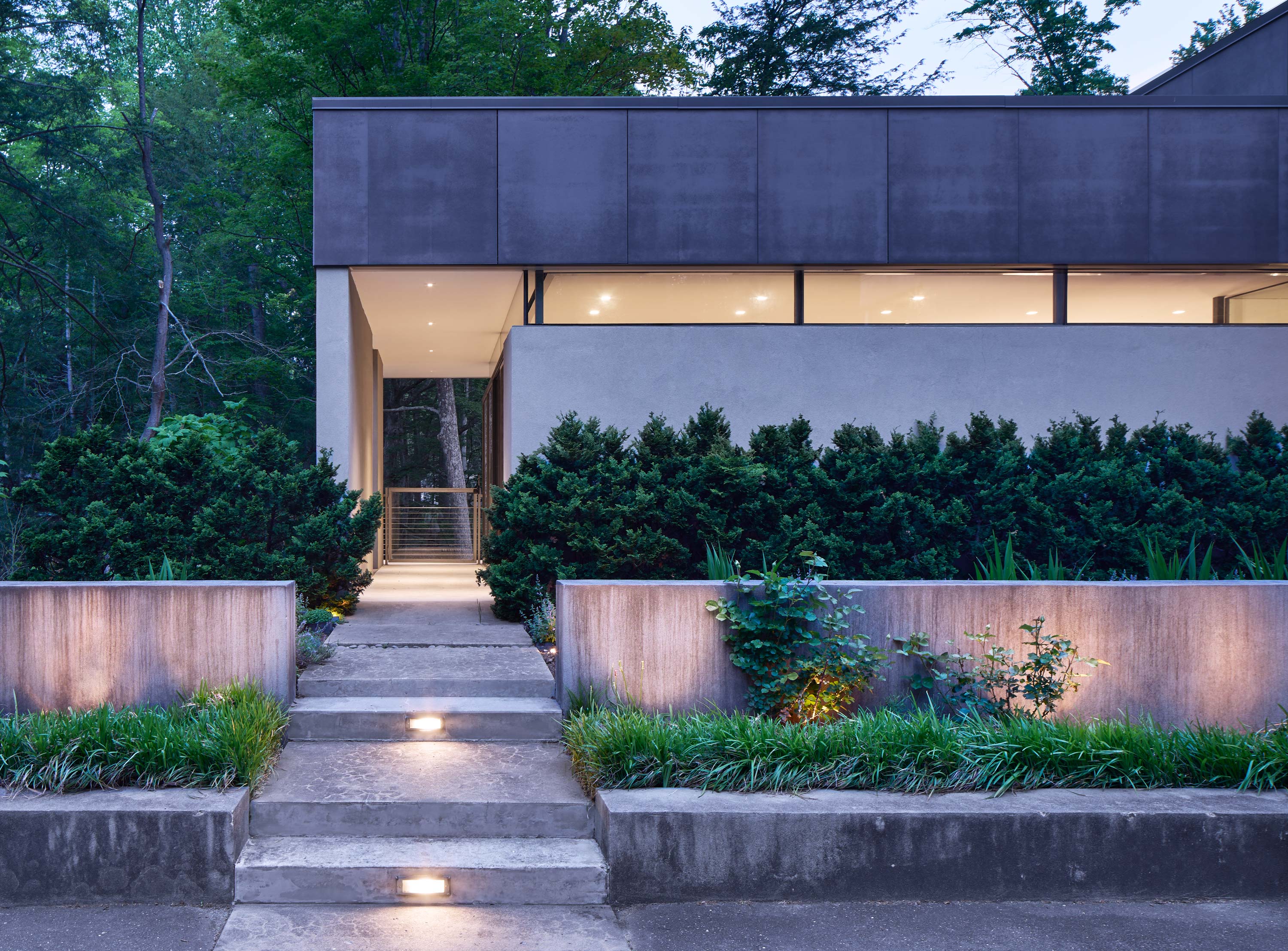 Exterior photo of Weston Residence by Specht Novak Architects. Shot by Jasper Lazor, featuring a welcoming entryway, and the harmony between the organic surroundings and the concrete and glass home.