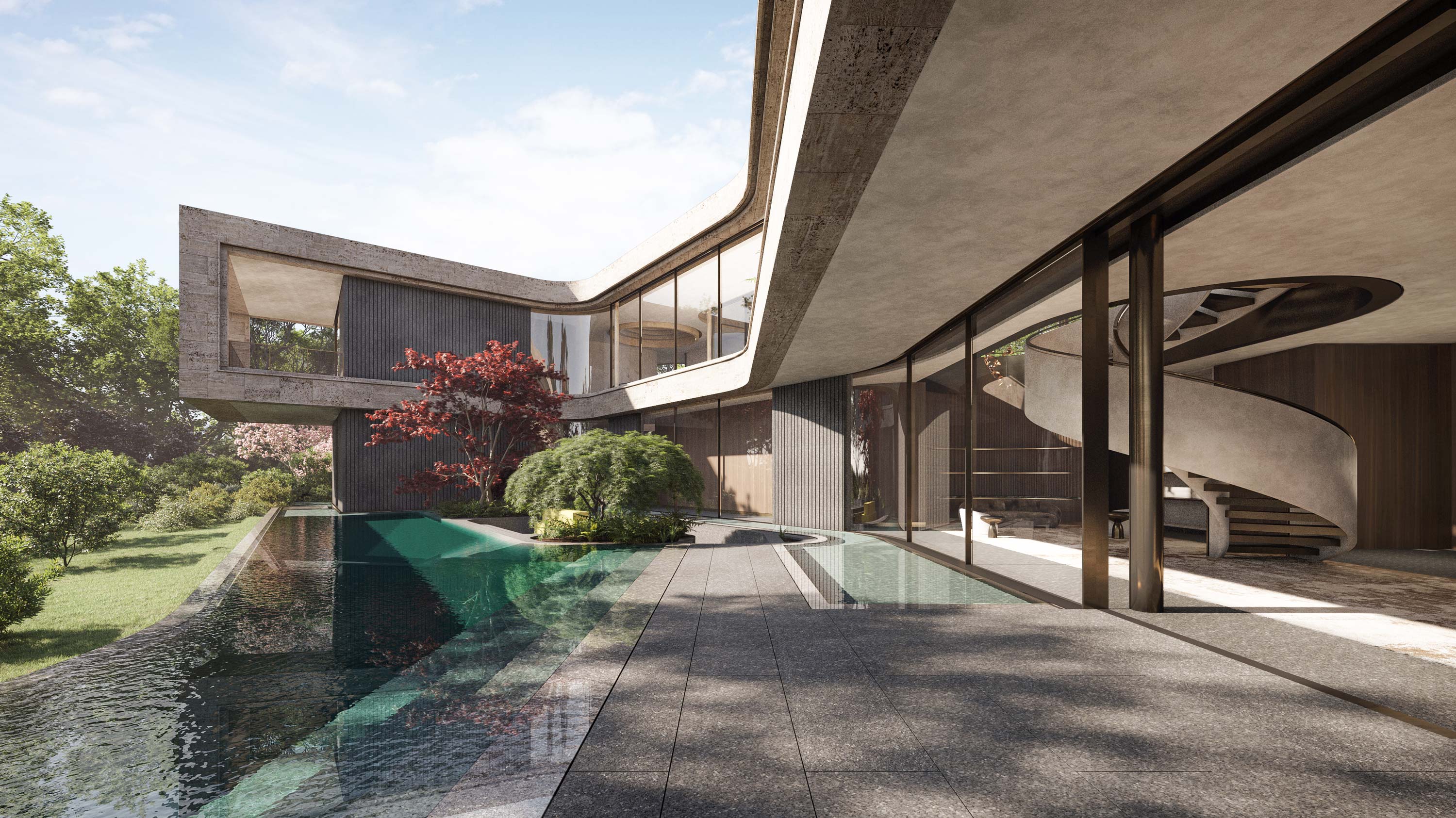 Exterior rendering of Ammamma Legacy Residence by Specht Novak Architects featuring the pool and ribbon-like spiral staircase inside.