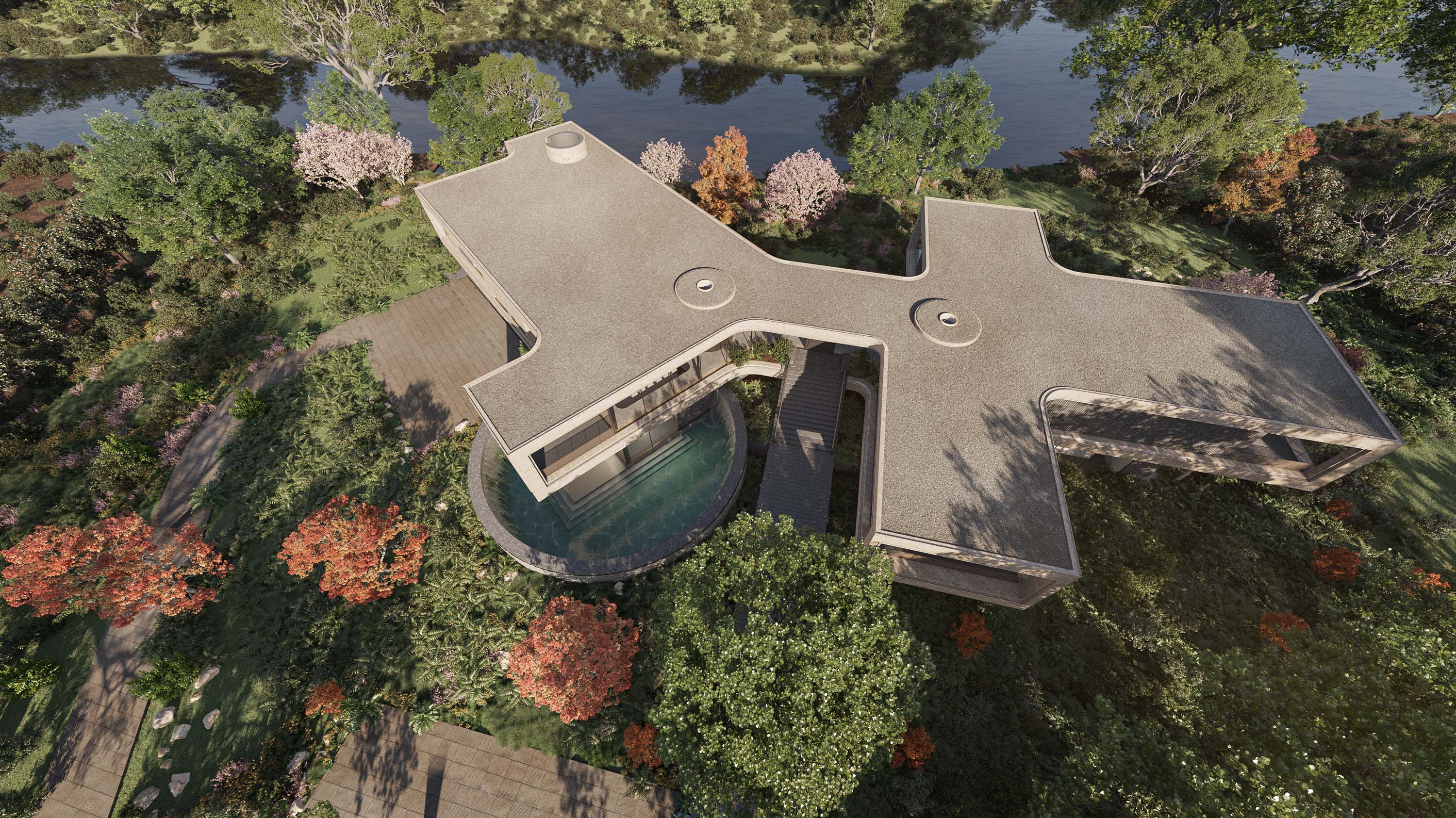 Bird's Eye rendering of Ammamma Legacy Residence by Specht Novak Architects showcasing the respect for the site and integration into surrounding nature.