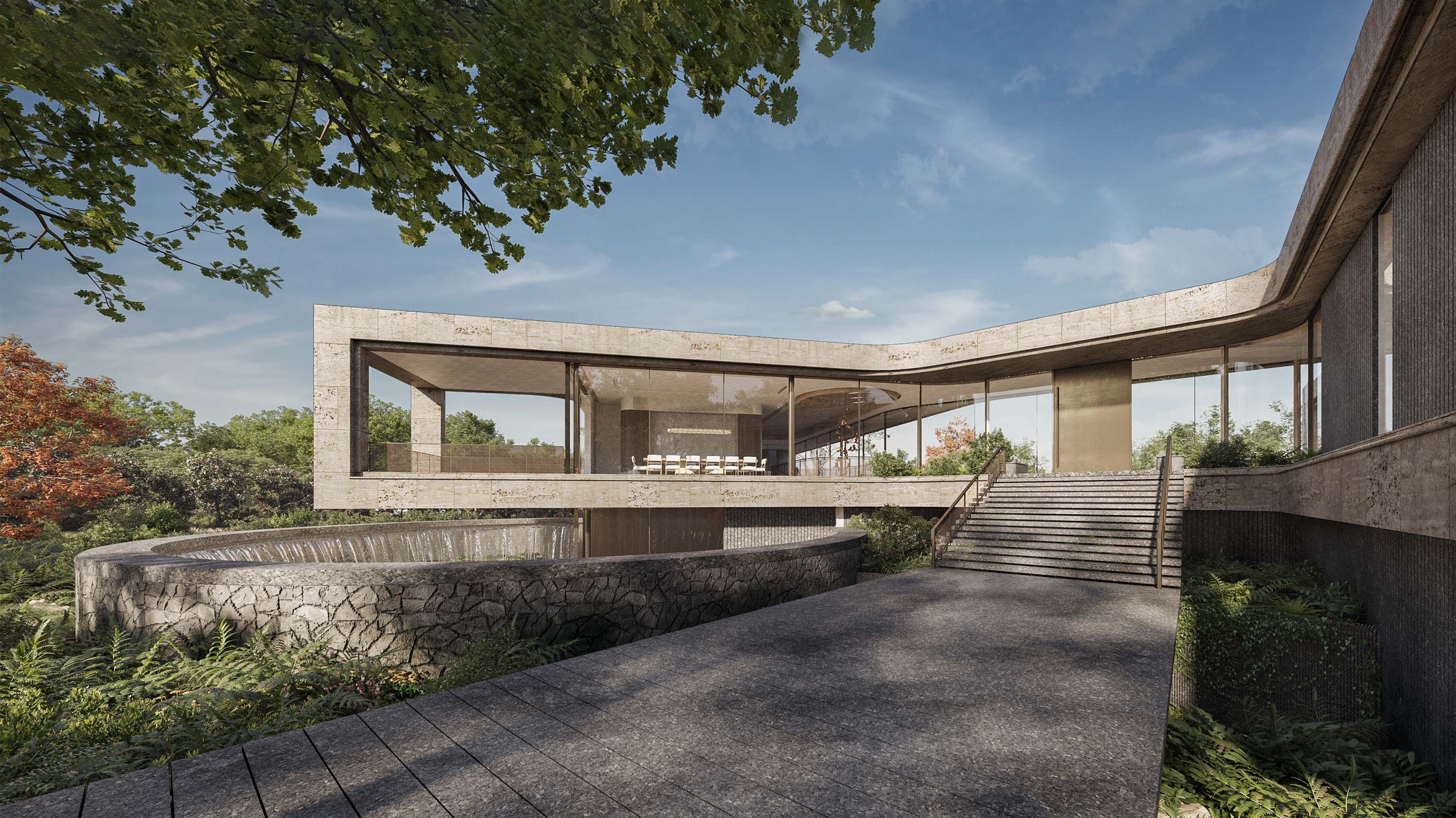 Front exterior rendering of Ammamma Legacy Residence by Specht Novak Architects showcasing a cantilevered terrace and floor-to-ceiling windows blurring boundaries between indoor and outdoor spaces.