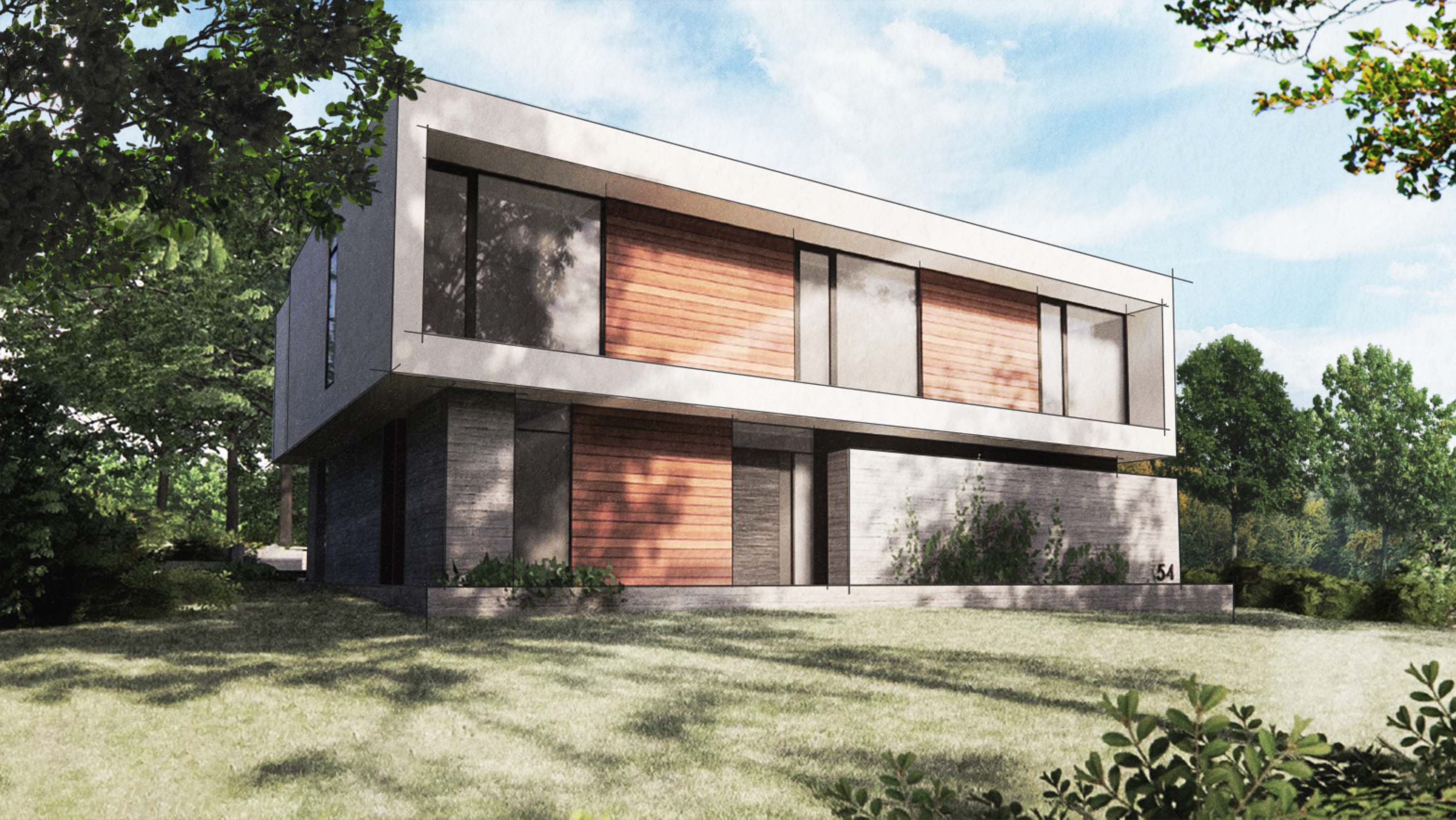 Exterior rendering showcasing the extensive use of warm materials like wood and stone of the Chatham House by Specht Novak Architects.
