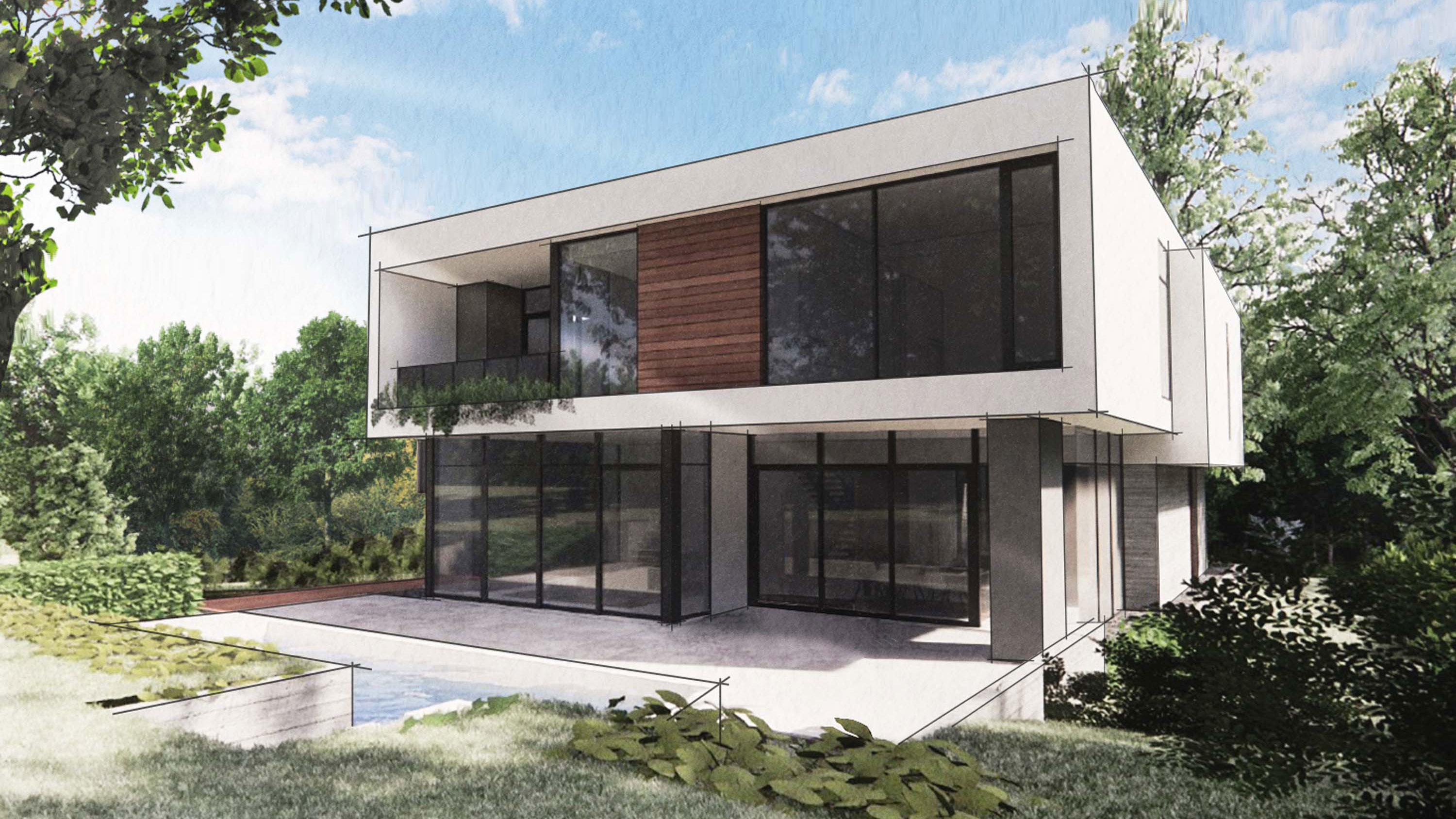 Rear exterior rendering showcasing the solid cast concrete first floor anchoring the Chatham House by Specht Novak Architects to the site.