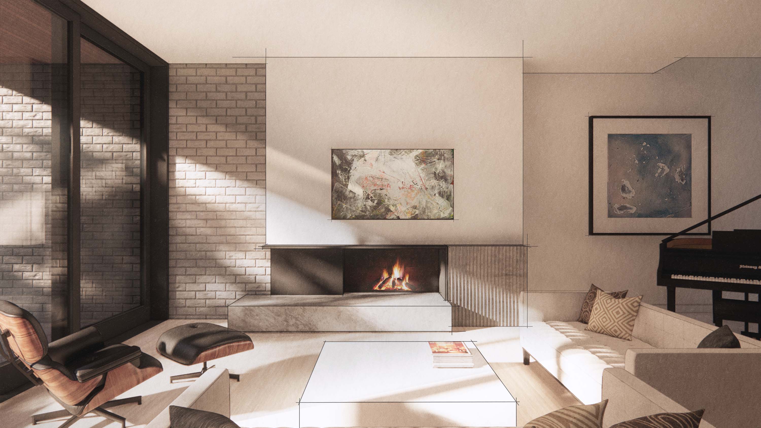 Living room rendering of Halite House featuring floor-to-ceiling window and stone fireplace by Specht Novak Architects