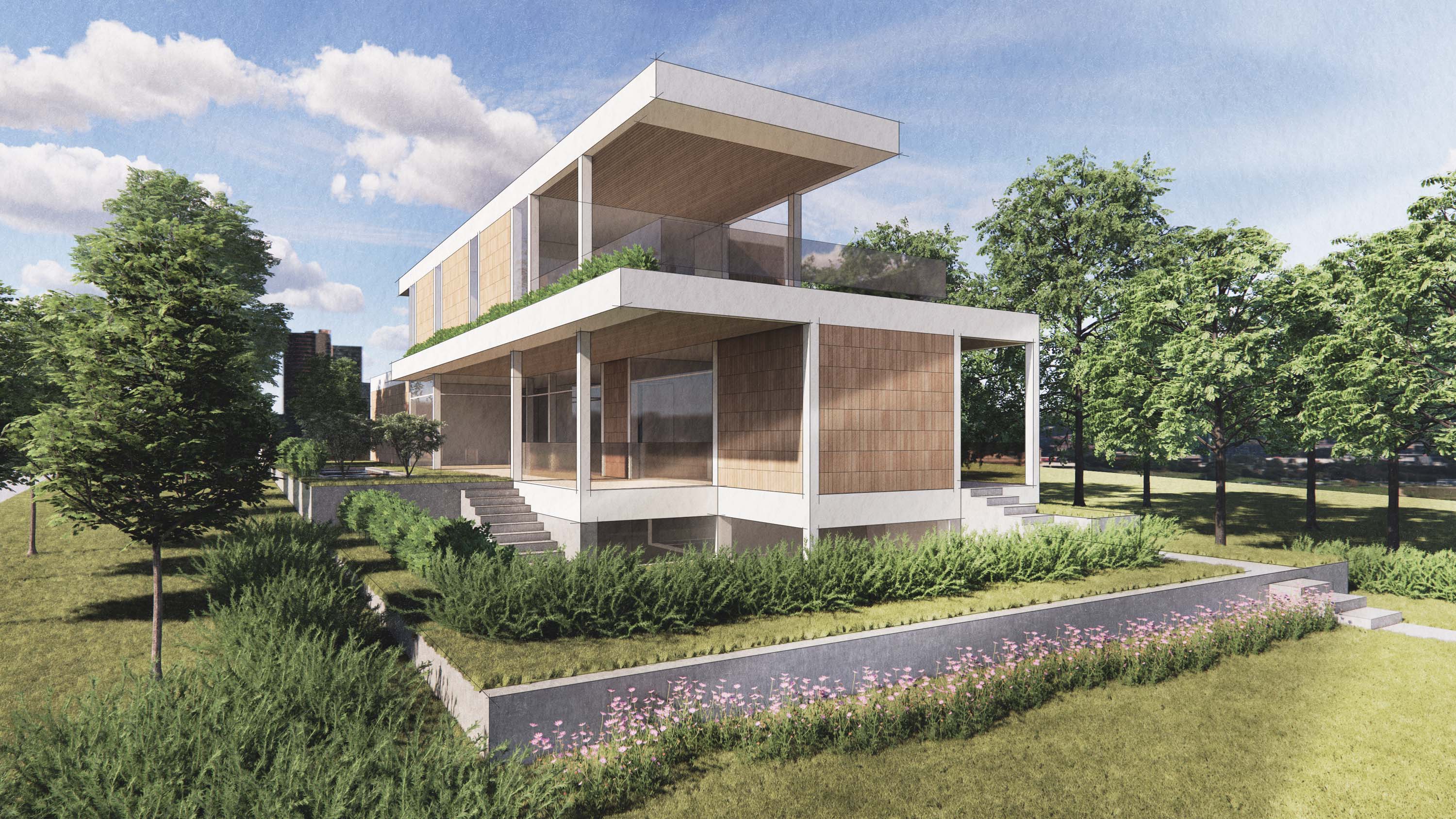 Exterior rendering showcasing the exposed structural frame filled with panels of glass and terracotta tile of the Jewell House by Specht Novak Architects.