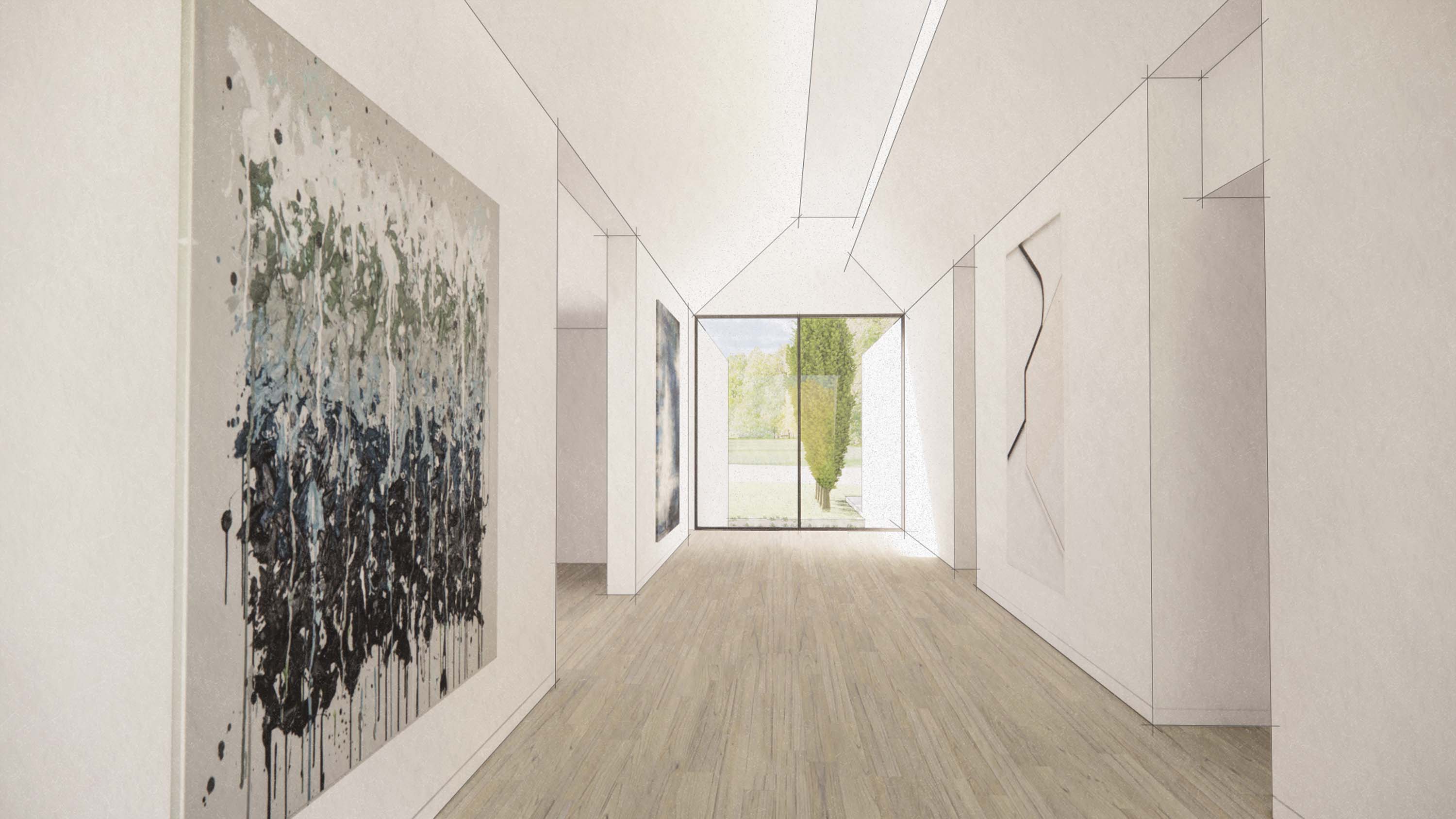 Interior rendering of Specht Novak Architect's Meridian House showcasing the clerestory windows to diffuse light onto the art and white surfaces.