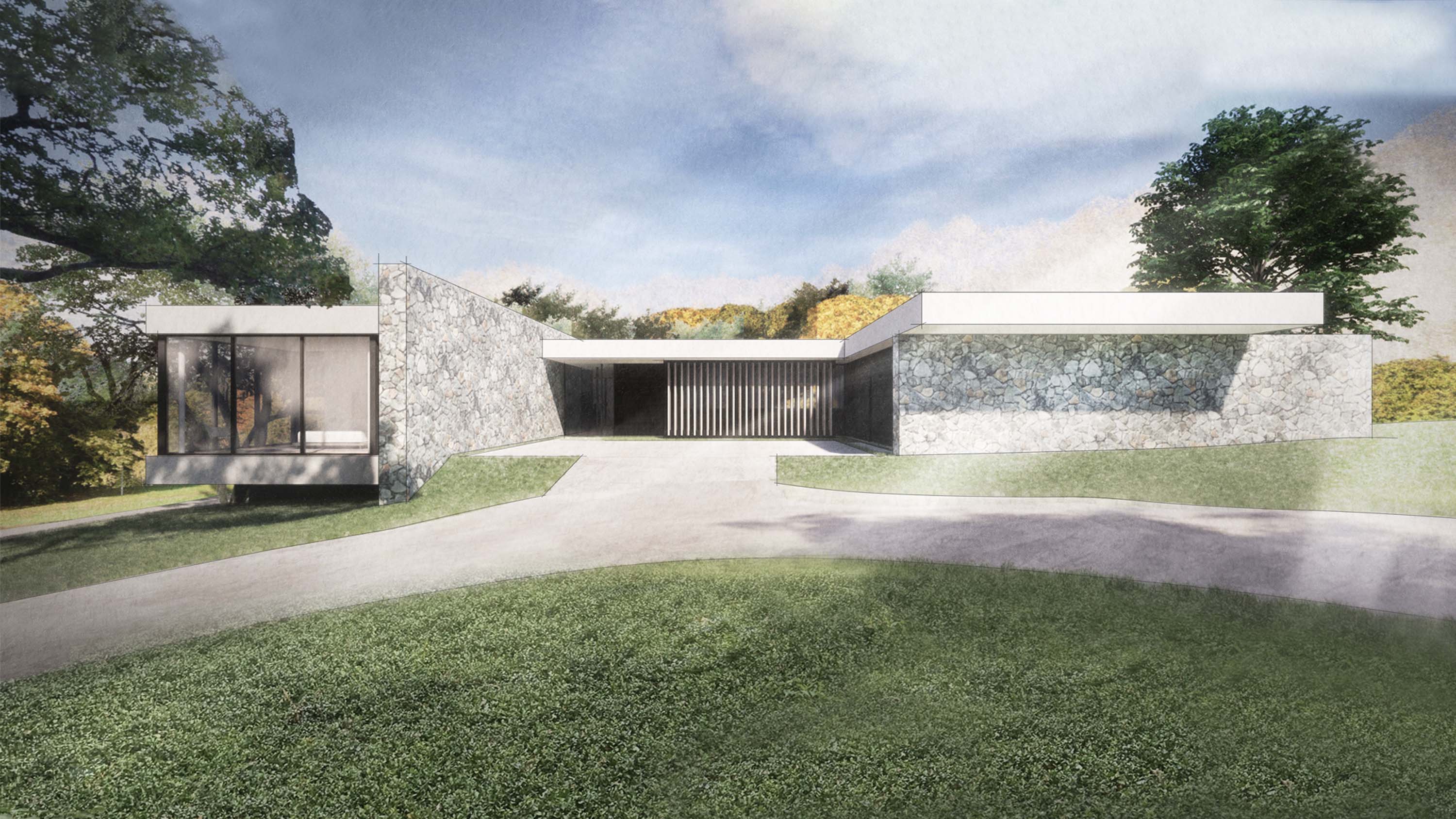 Exterior rendering of Mira Vista House by Specht Novak Architects. This house features mid-century design and dry stack stone that blends the structure in its surroundings.