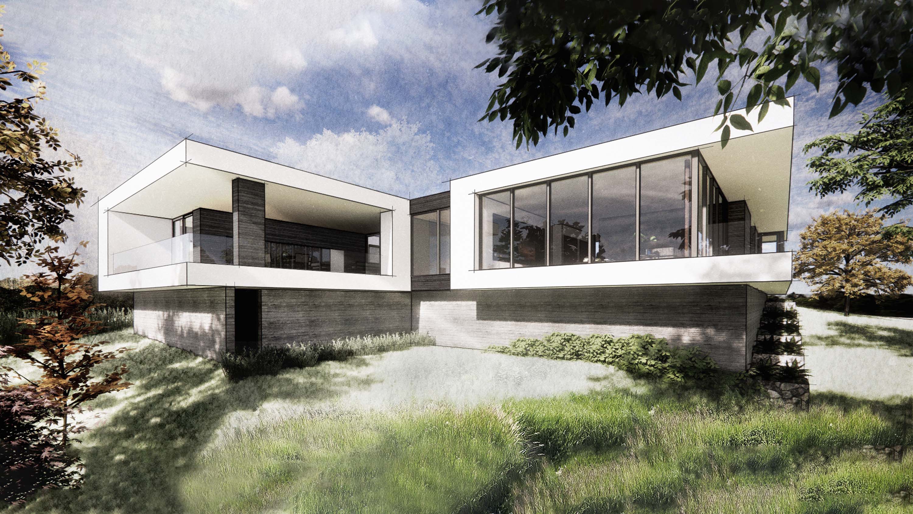 Rear exterior rendering of the Mira Vista House by Specht Novak Architects showcasing the cantilevered outdoor terrace space and abundant floor-to-ceiling windows.
