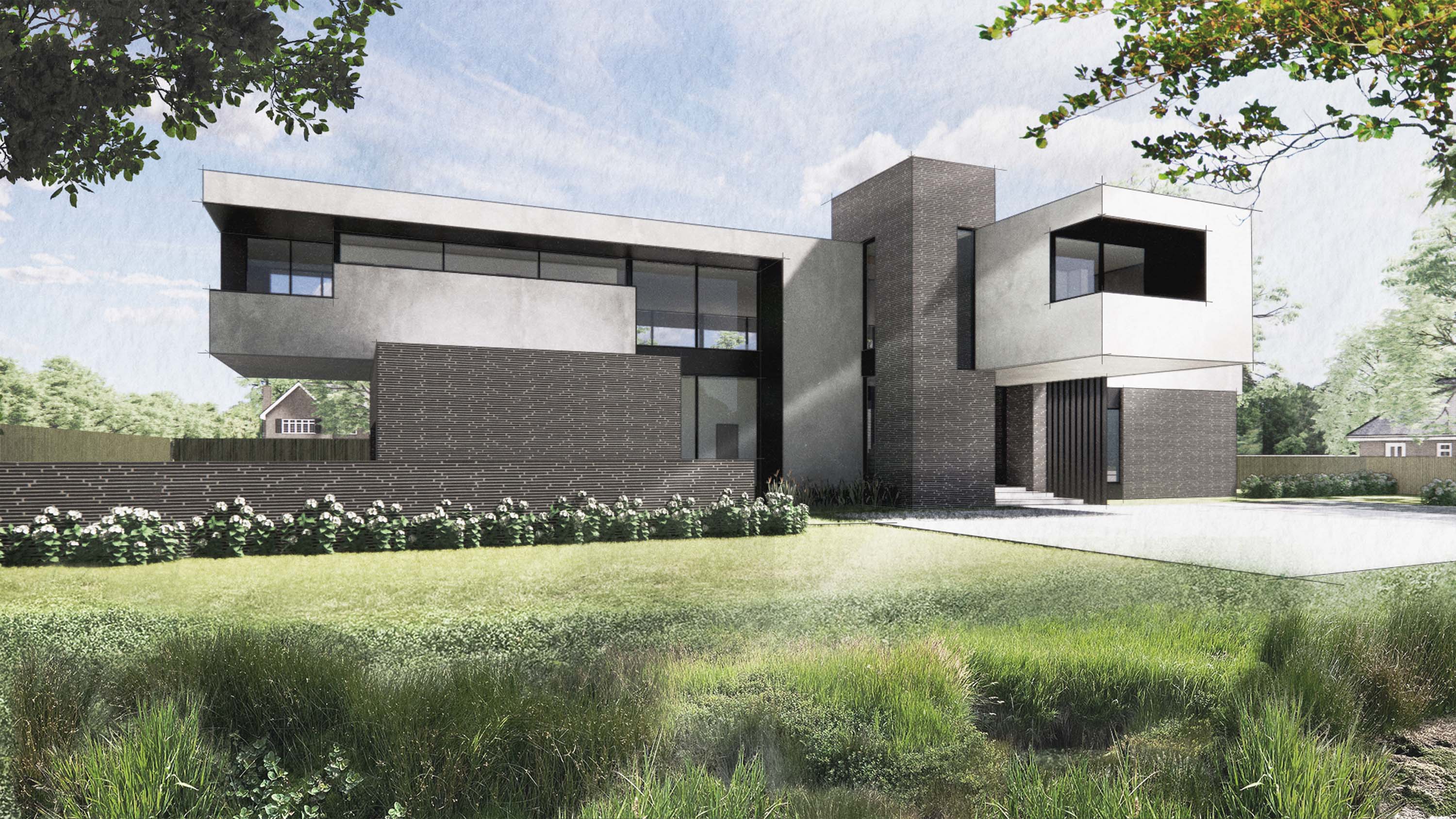 Exterior rendering of the front of Palomar House by Specht Novak Architects featuring large cantilevers and multiple terraces.