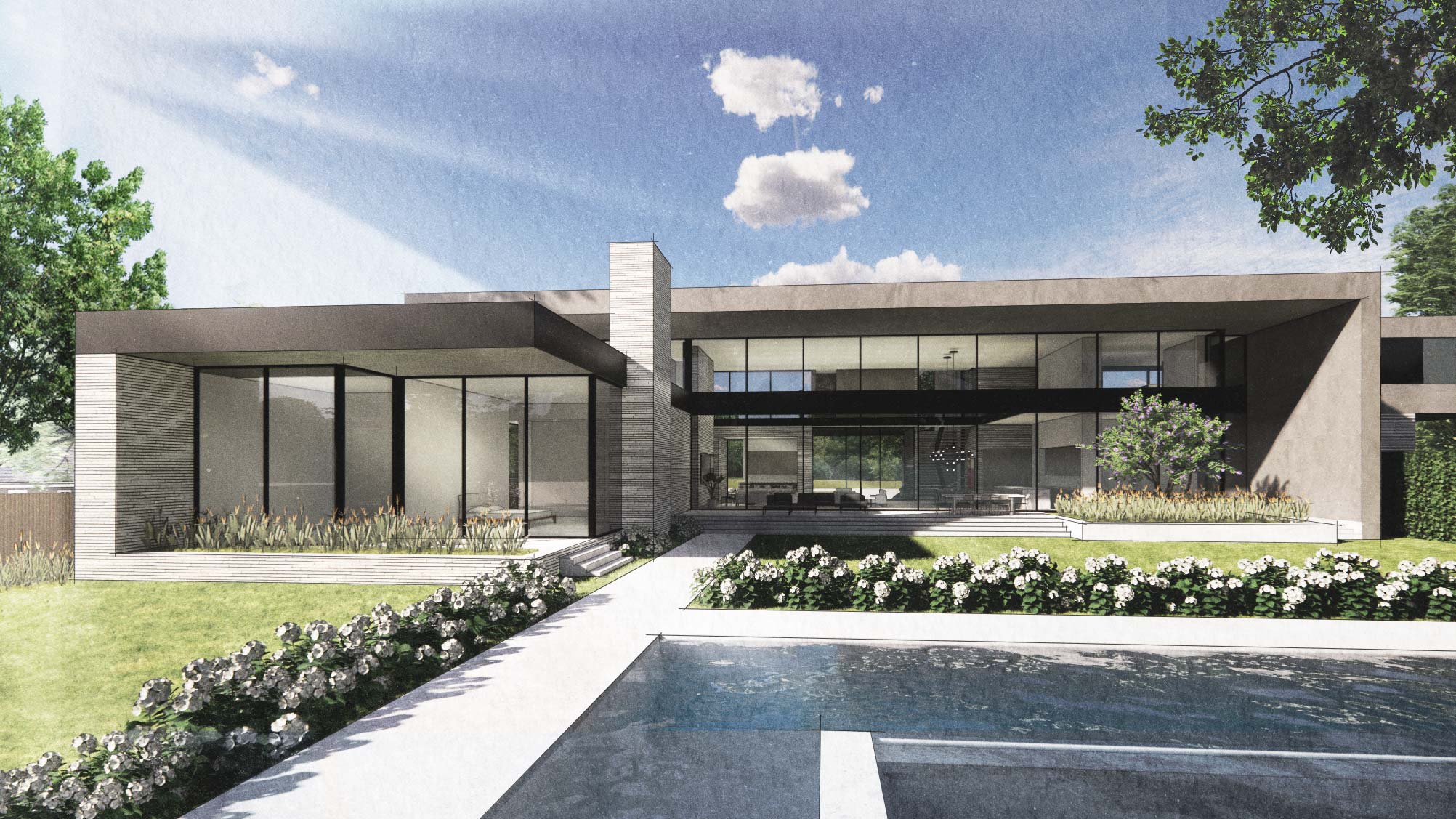 Rear exterior rendering of Palomar House by Specht Novak Architects featuring an abundance of glass blurring the inside with the outside and the pool.