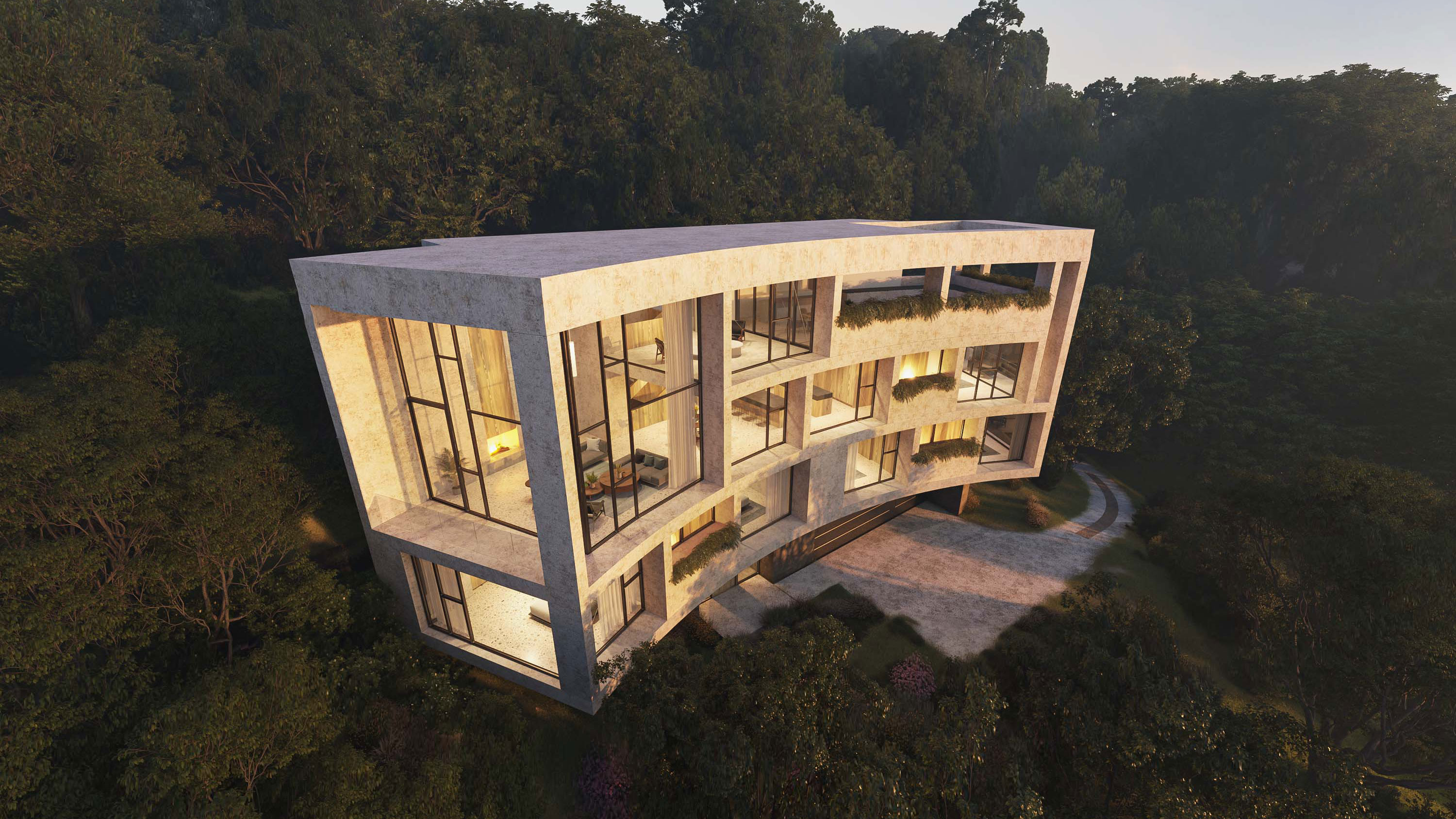 Exterior rendering of Samsara Arc House by Specht Novak Architects showcasing the entirely concrete structure appearing to be a single monolithic piece.