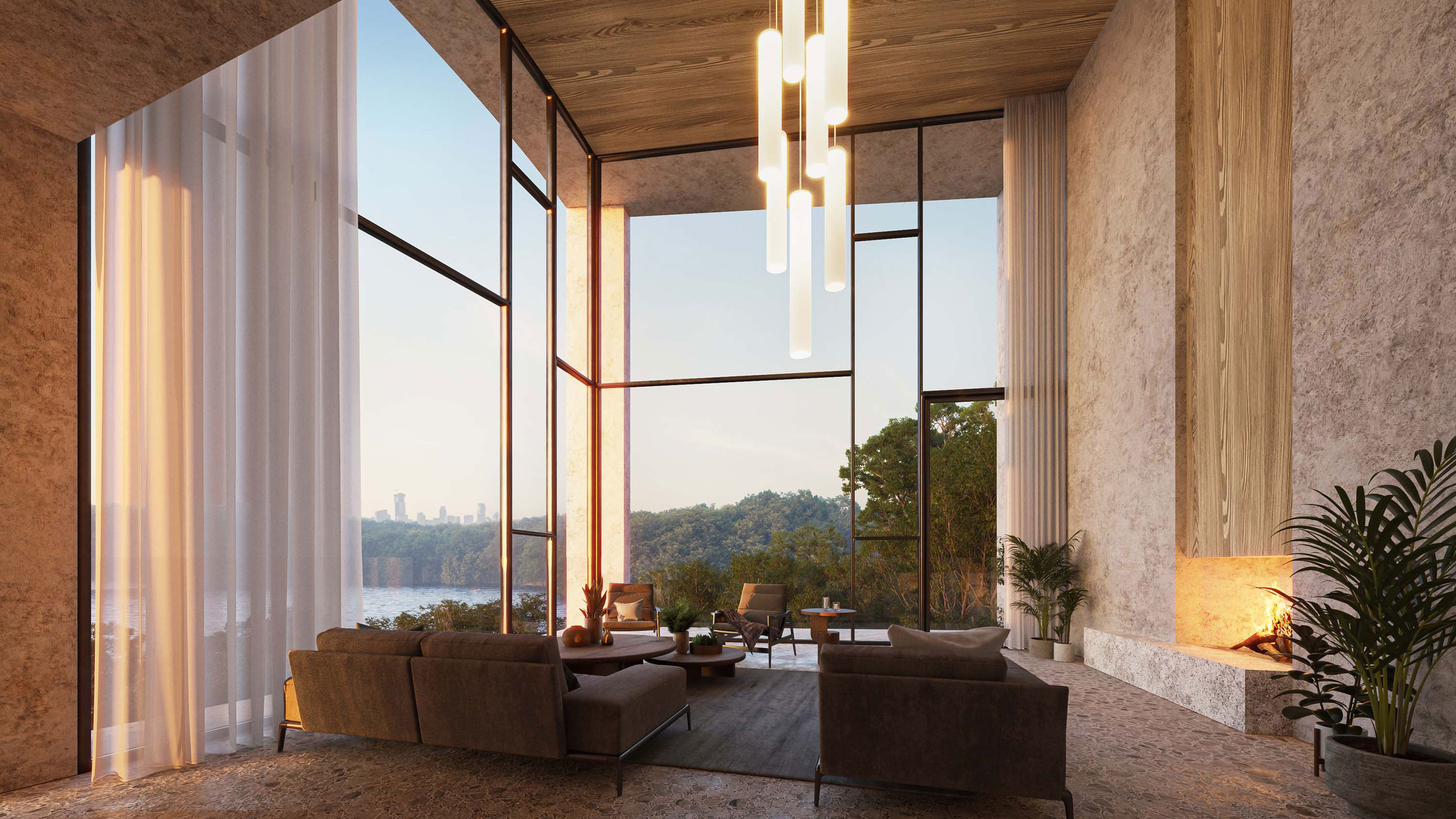 Interior rendering of Samsara Arc House by Specht Novak Architects showcasing the panoramic view of Lake Austin.