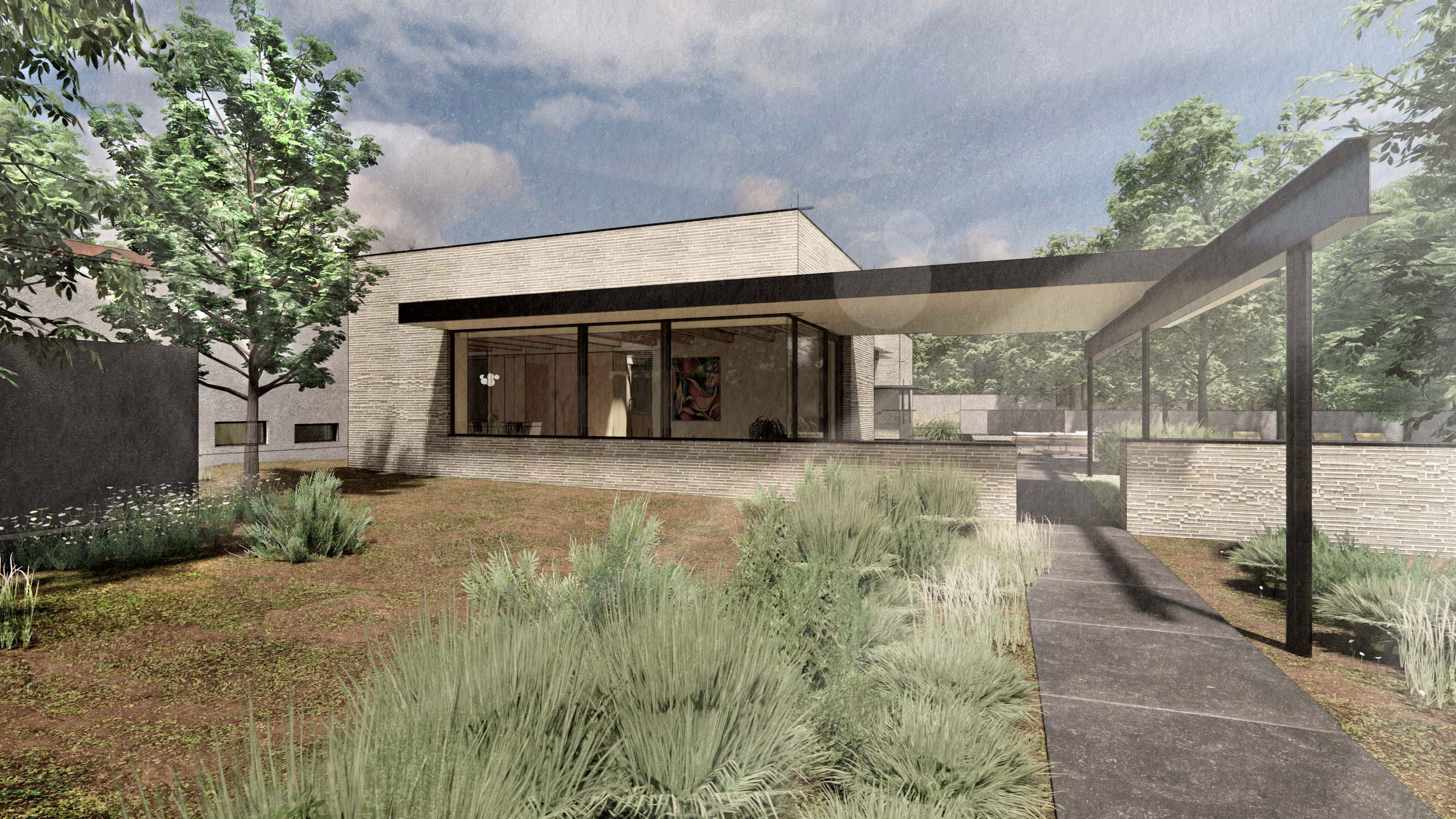 Exterior rendering of the Tesuque House by Specht Novak Architects, featuring the fusion of historical precedent and innovation through low-slung industrial composition echoing the contours of the natural terrain.