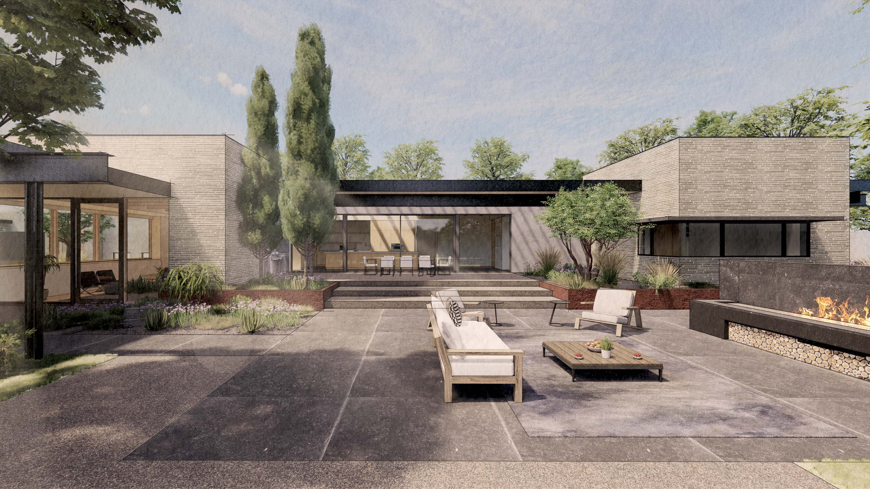Exterior rendering of Tesuque House by Specht Novak Architects, showcasing the serene retreat of the central courtyard.