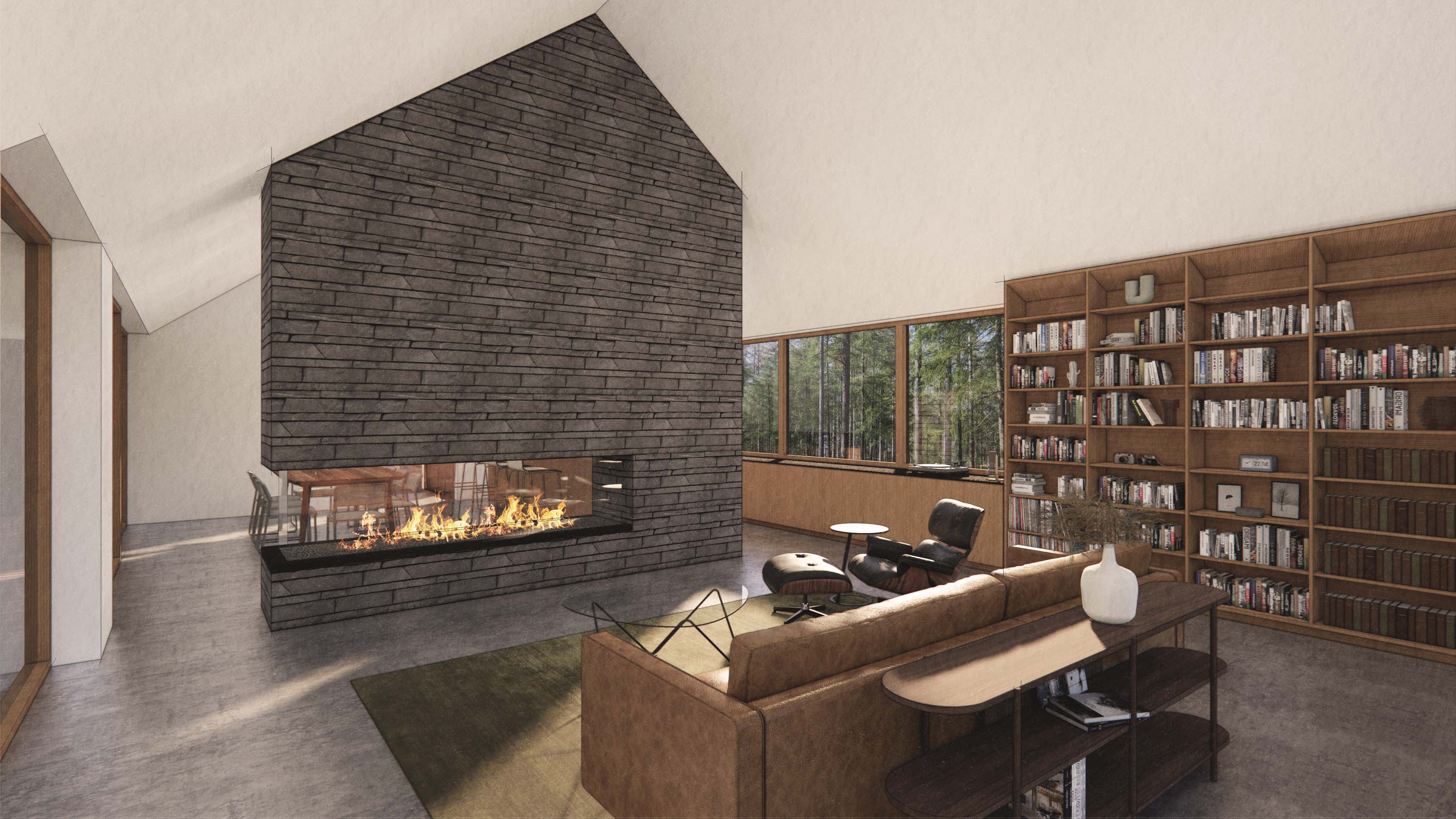 Living room rendering of the Vashon Island House featuring a large stone-clad hearth at its center and built in shelves by Specht Novak Architects.