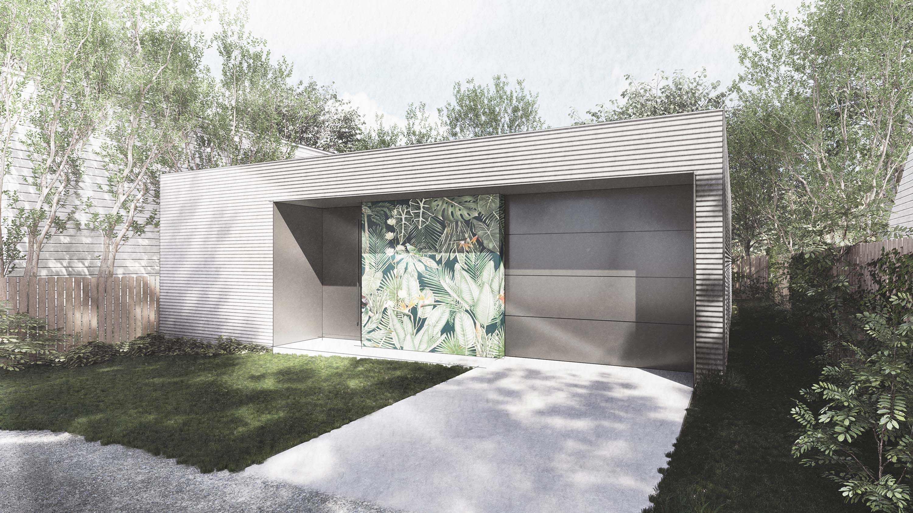 Front exterior rendering of New American House featuring an large steel front door and garage by Specht Novak Architects.