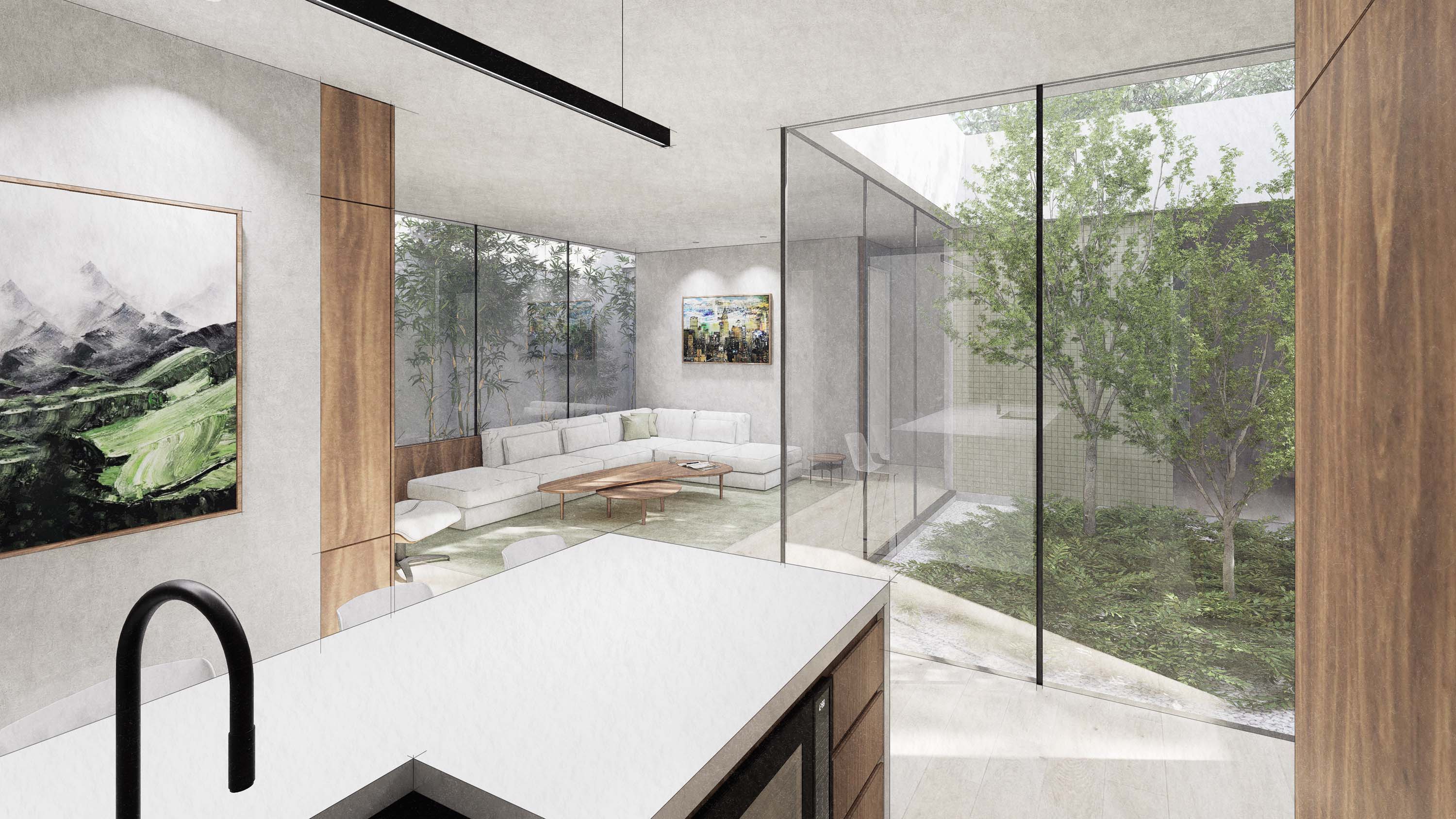Kitchen rendering of New American House featuring floor-to-ceiling windows looking out to the courtyard by Specht Novak Architects.