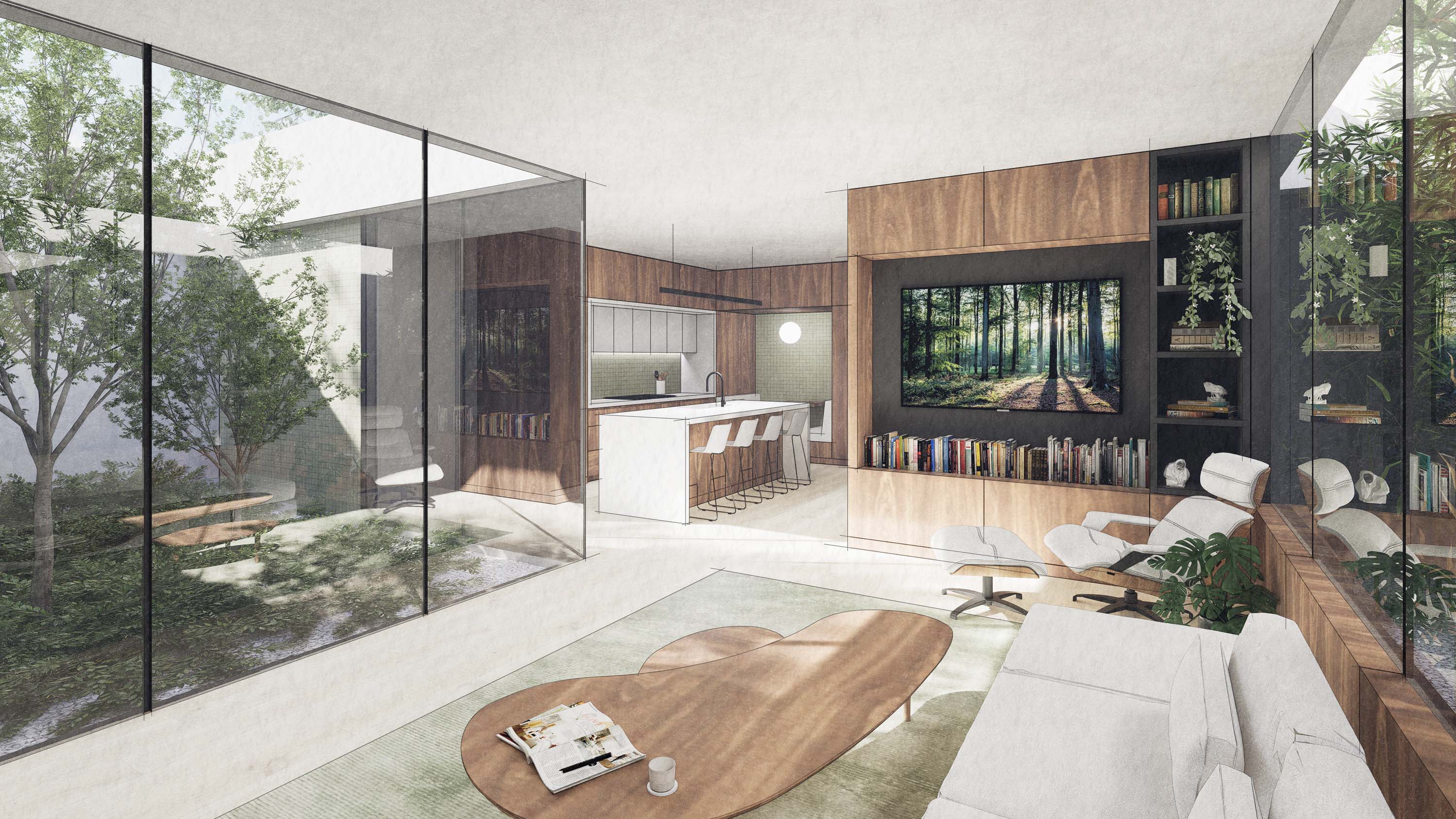 Living room rendering of New American House featuring open floor plan connecting to kitchen and lookout to courtyard by Specht Novak Architects.