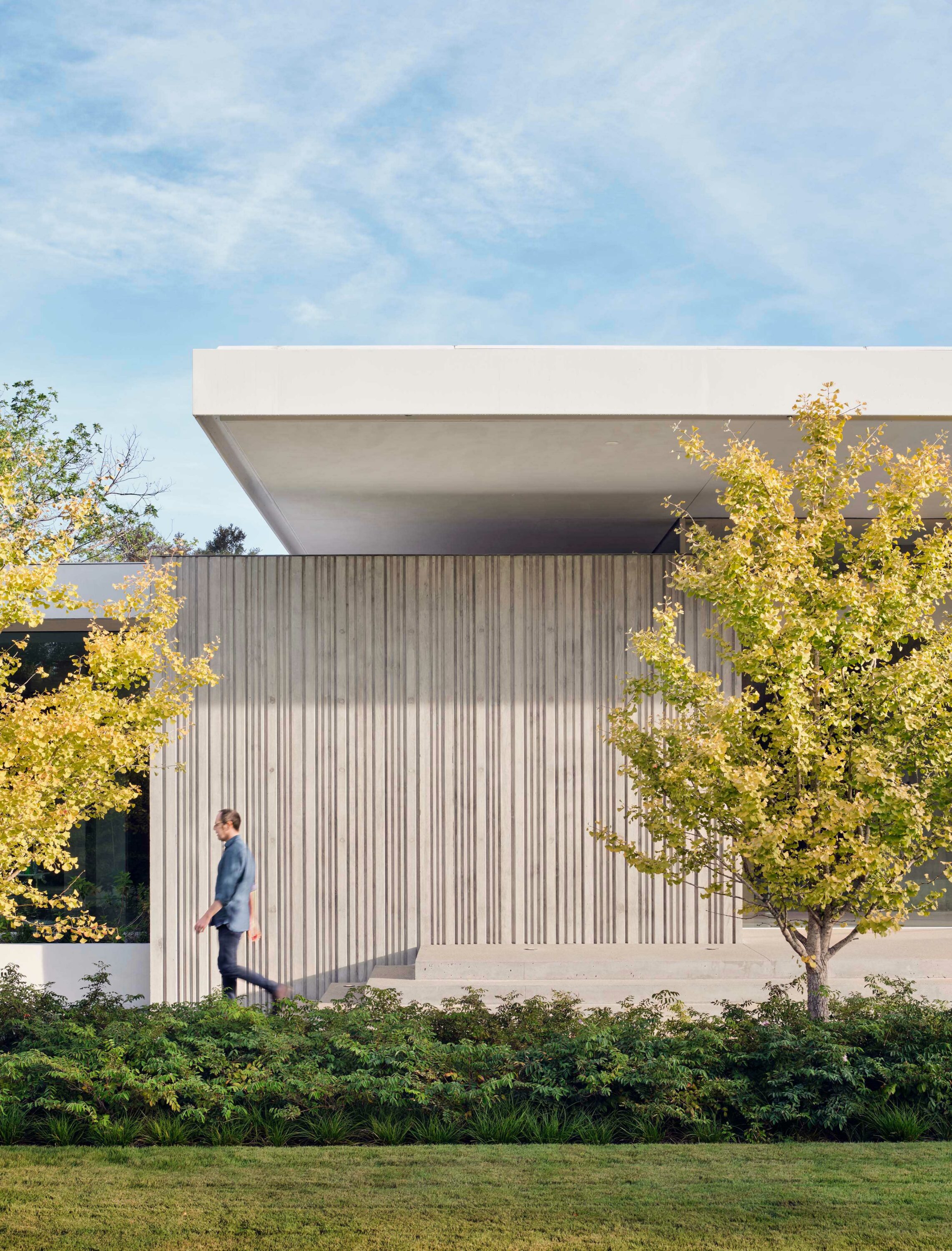 Exterior photo of the Preston Hollow Residence by Specht Novak Architects. Shot at by Manolo Langis, featuring trees, exterior concrete wall and extended floating roof.