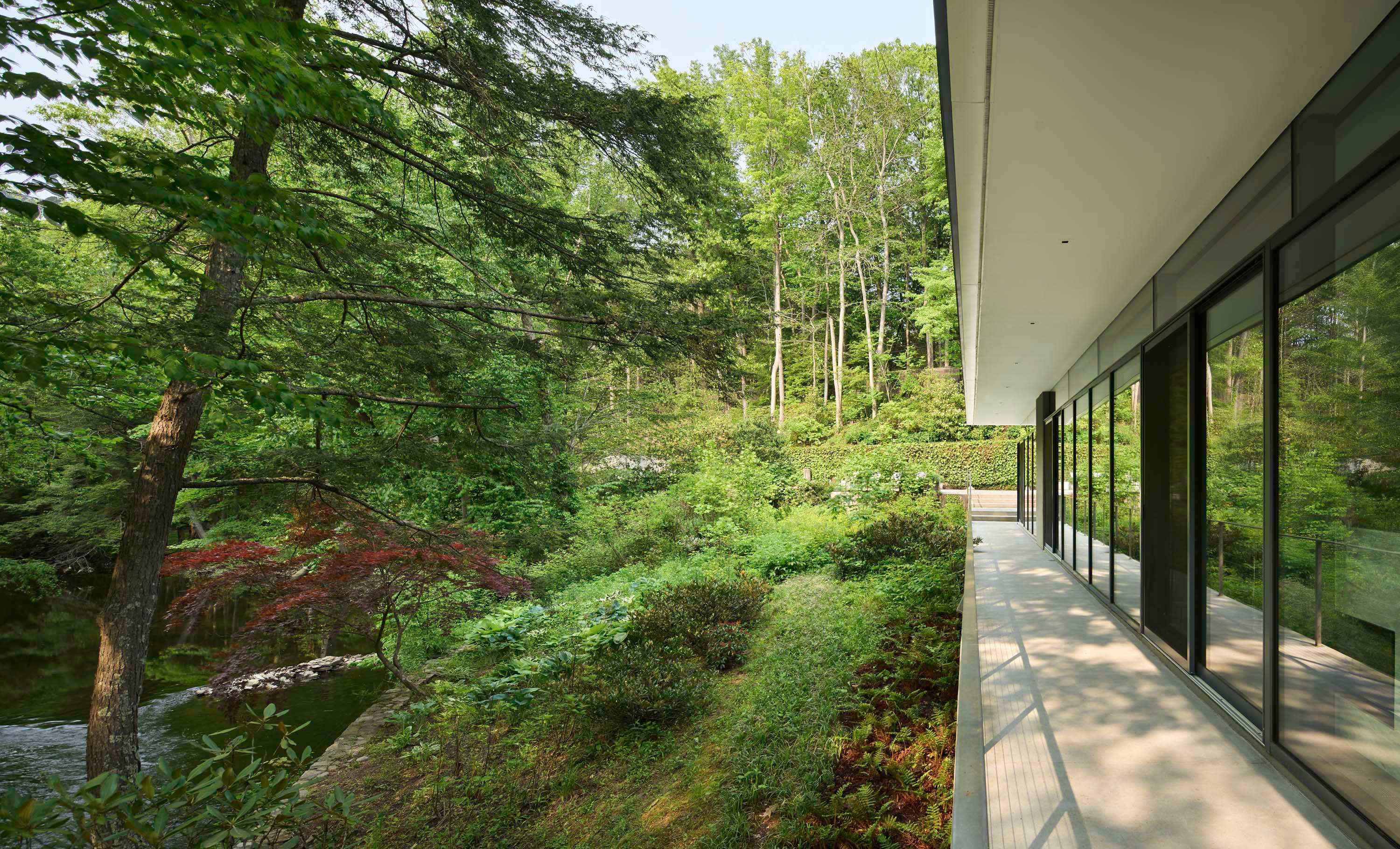 Exterior photo of Weston Residence by Specht Novak Architects. Shot by Jasper Lazor, featuring the perimeter of the home and its seamless relation to the surrounding nature.