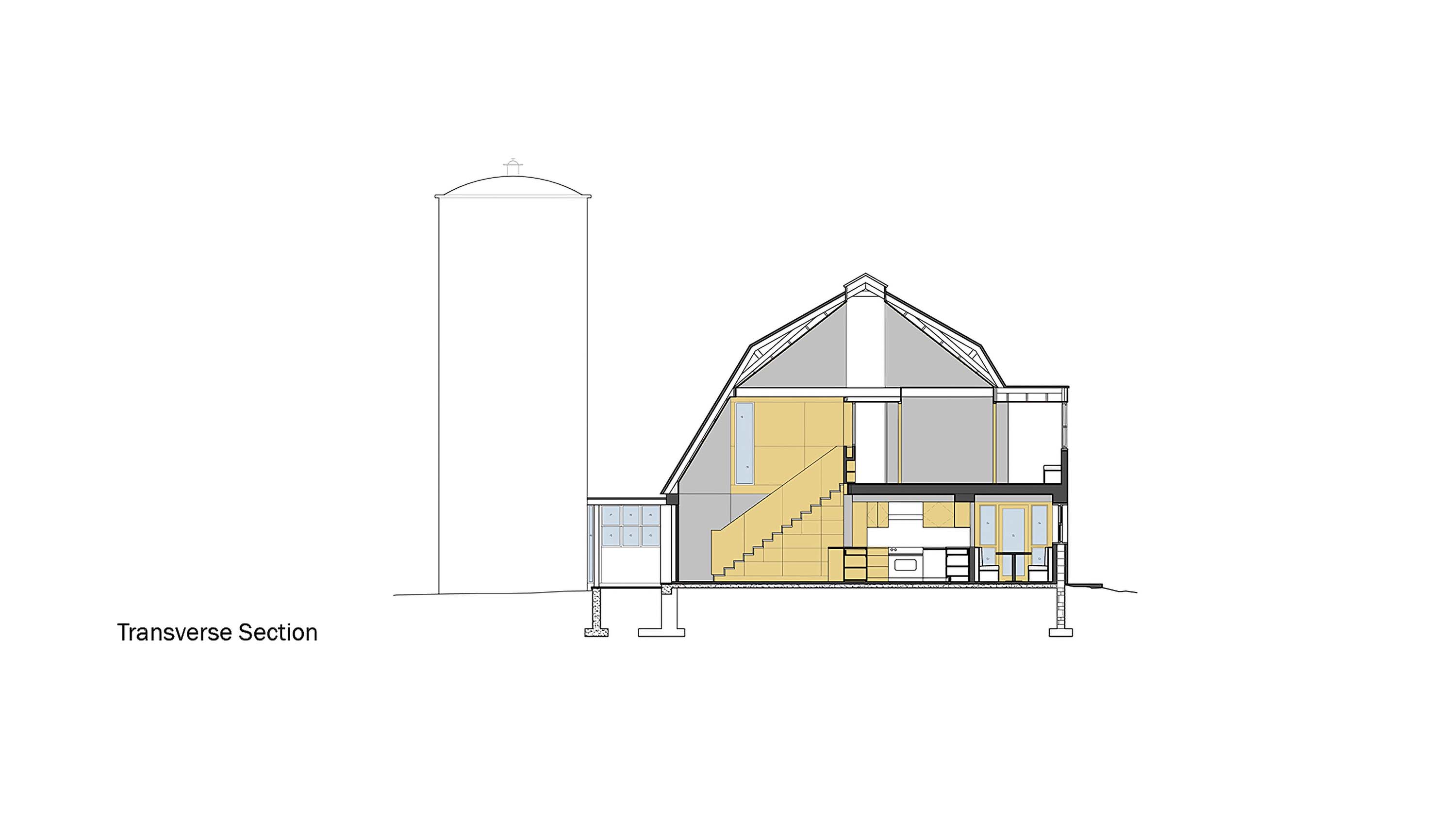 Transverse Section rendering of Modern Barn by Specht Novak Architects.