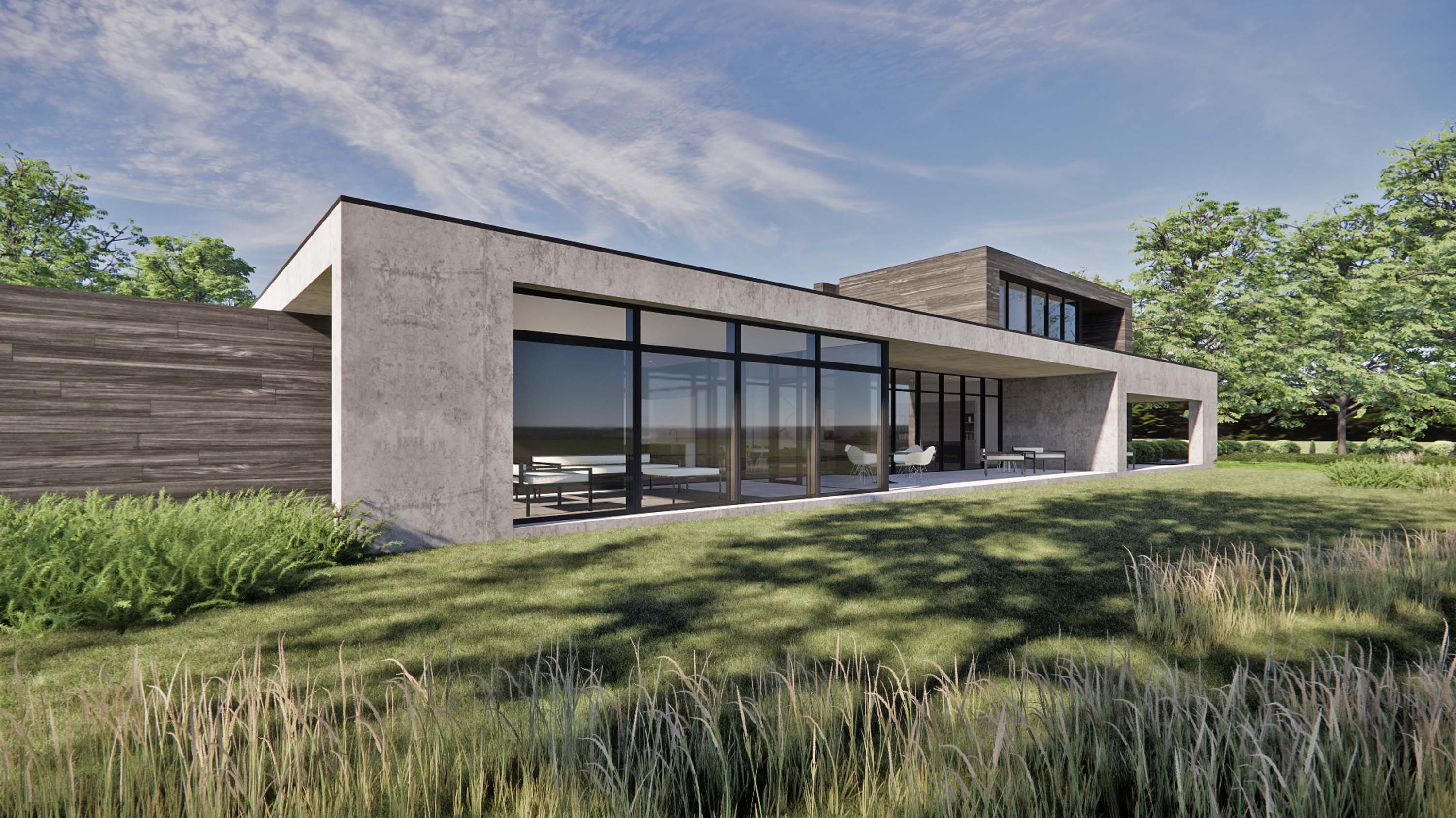 Rear exterior rendering of Log Tavern Pond House by Specht Novak Architects showcasing the terrace created by a cantilevered roof and floor-to-ceiling glass to overlook the view.