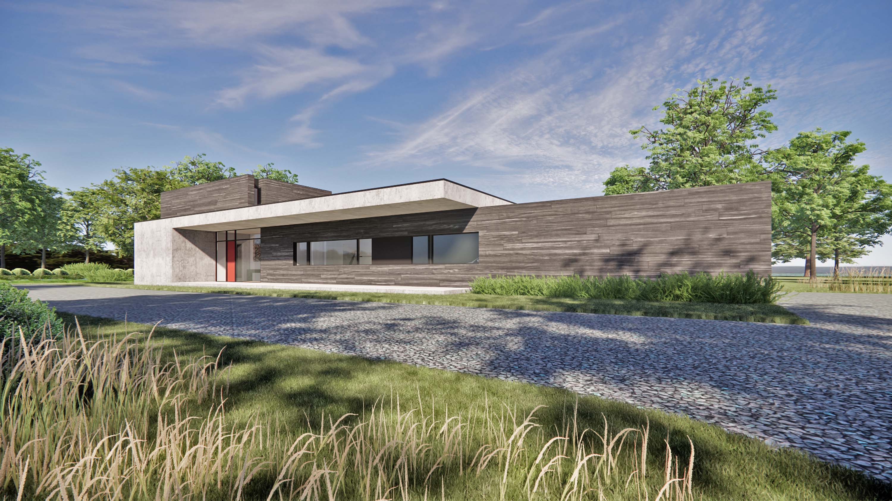 Street-facing exterior rendering of Log Tavern Pond House by Specht Novak Architects featuring long, low proportions, a cantilevered roof, and natural materials.