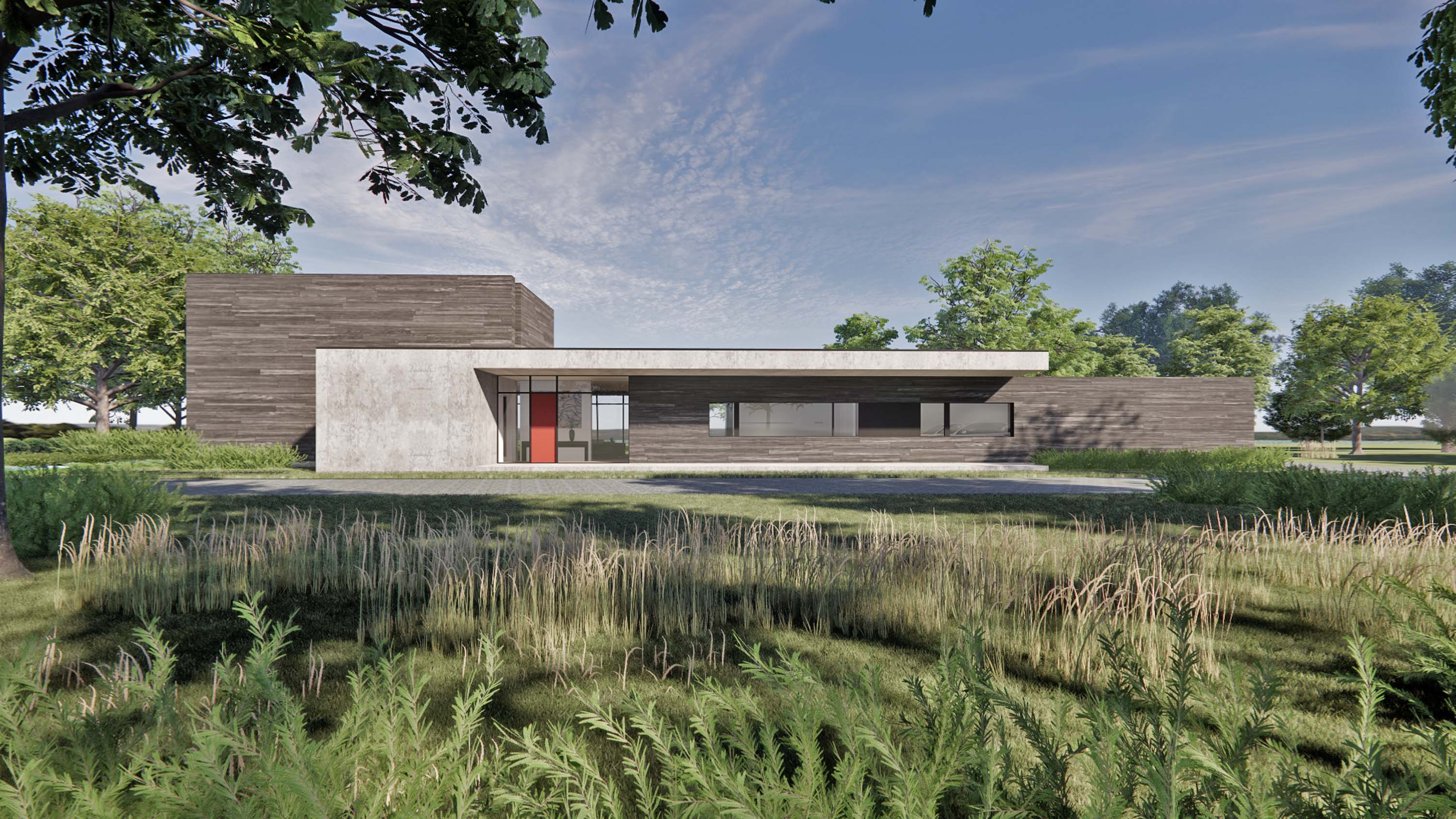 Street view exterior rendering of Log Tavern Pond House by Specht Novak Architects.